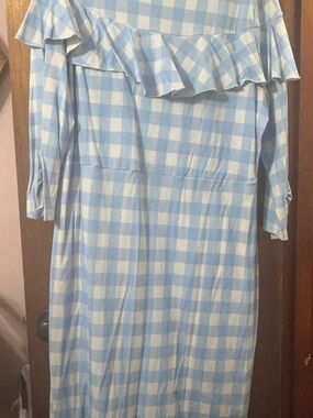 Women’s Light Blue Gingham Off-Shoulder Swim Cover-Up